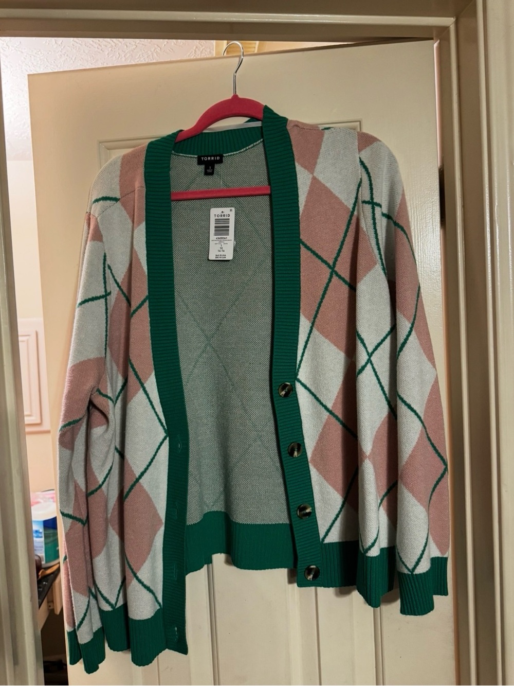 torrid Pink, Green & Cream Argyle Button-Front Cardigan